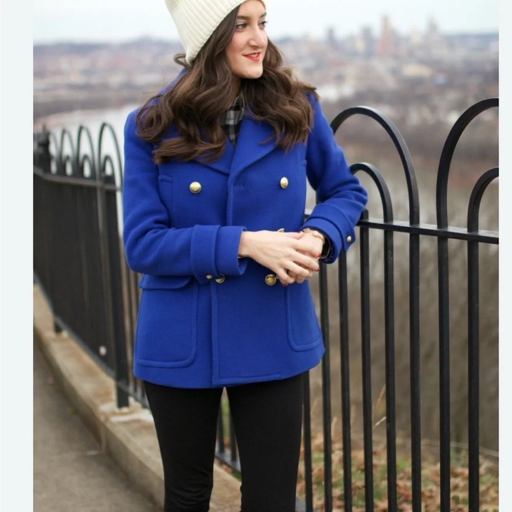 J Crew Stadium Cloth Nello Gori Pea Coat Cobalt Blue Lined Wool Blend